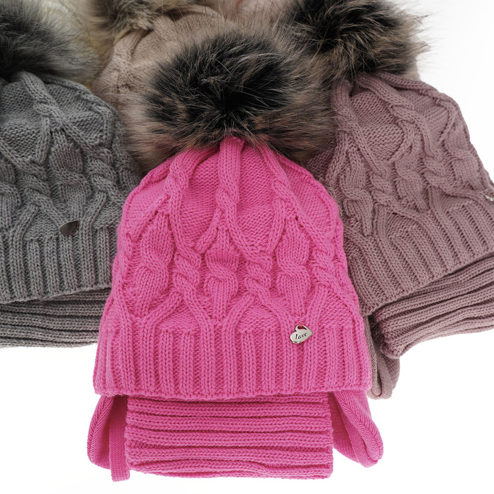 Winterset Mädchen: Mütze und Schlauchschal mit Bommel Rosa Elena