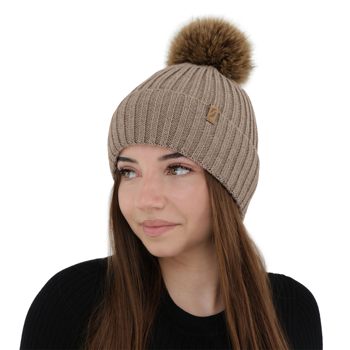 Wintermütze Damen, dunkelbeige, mit Merinowolle, Zamira