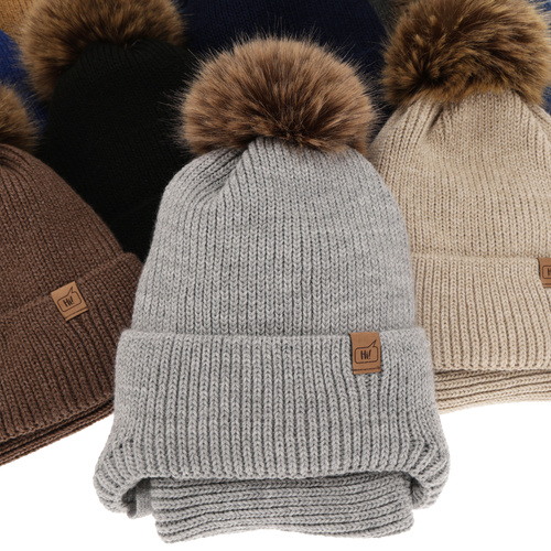 Winterset für Jungen: Mütze und Schlauchschal mit Bommel in Camel Zico