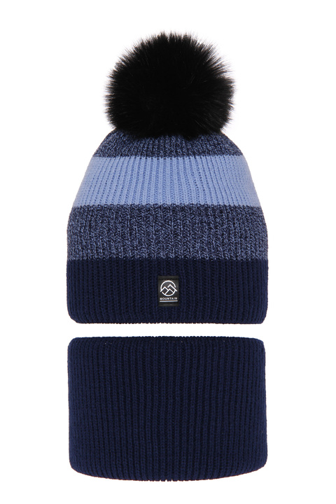 Winterset Jungen: Mütze und Schlauchschal mit Bommel Navy Blau Arkady
