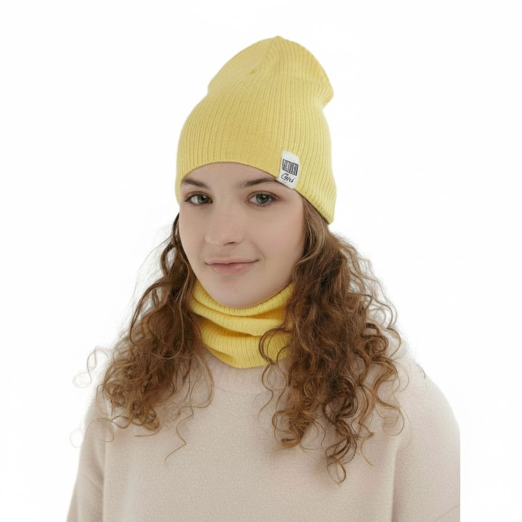 Herbst und Frühlingsset Mädchen: Mütze und Schlauchschal, mit Baumwolle, Gelb Farinka