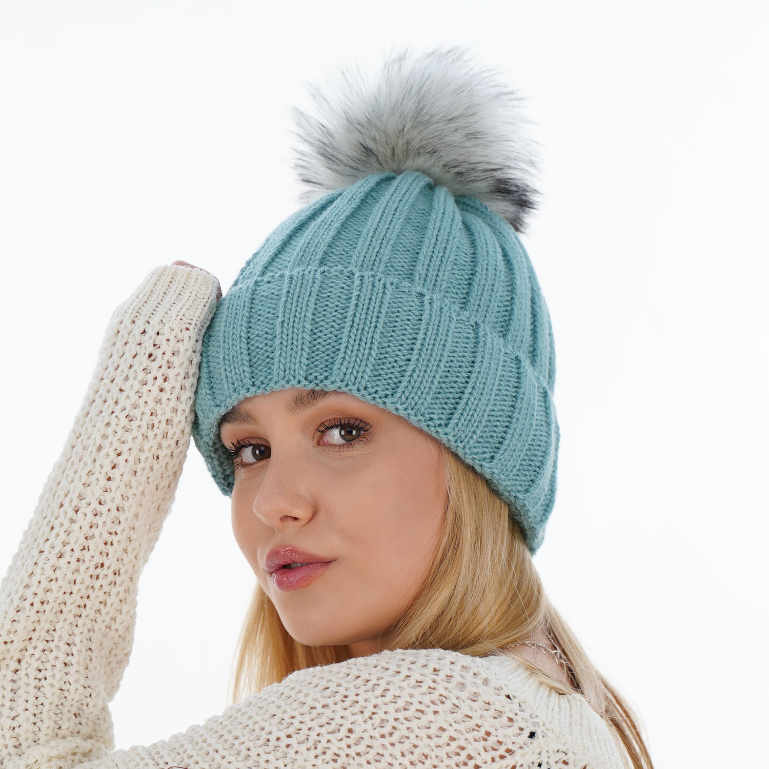 Wintermütze Damen mit Bommel Beige Mokka