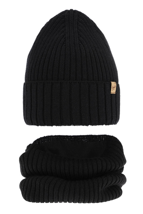 Winterset für Mädchen: Mütze und Schlauchschal aus Merinowolle in Schwarz Mesalia