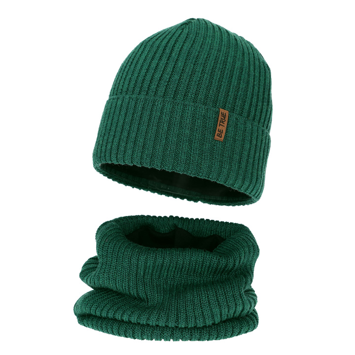 Winterset Jungen: Mütze und Schlauchschal mit Polarfutter, grün, mit Merinowolle, Colton