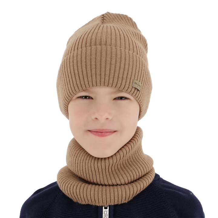 Herbst und Frühlingsset Jungen: Mütze und Schlauchschal 100% extrafeine Merinowolle Camel Intro