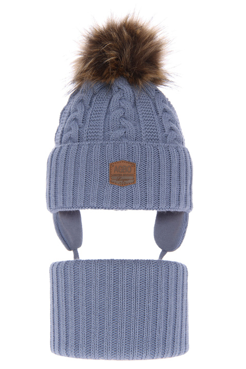 Winterset Jungen: Mütze und Schlauchschal mit Bommel Blau Duet