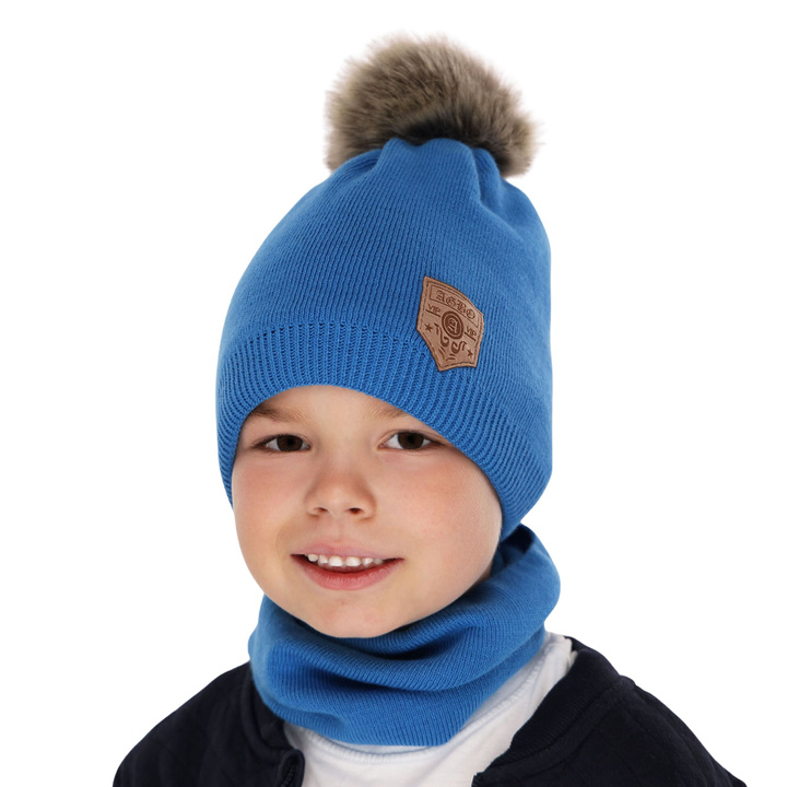 Winterset Jungen: Mütze und Schlauchschal mit Bommel Blau Apolin