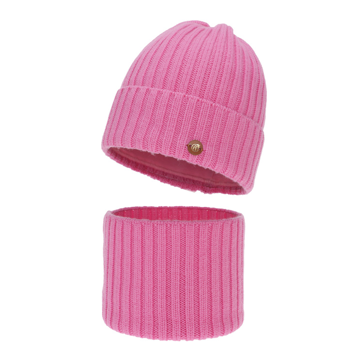 Winterset Mädchen: Mütze und Schlauchschal, rosa, 100% Merinowolle, Baumwollfutter, Vanira