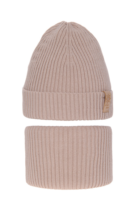 Herbst und Frühlingsset Mädchen: Mütze und Schlauchschal mit Bommel Beige Skaja