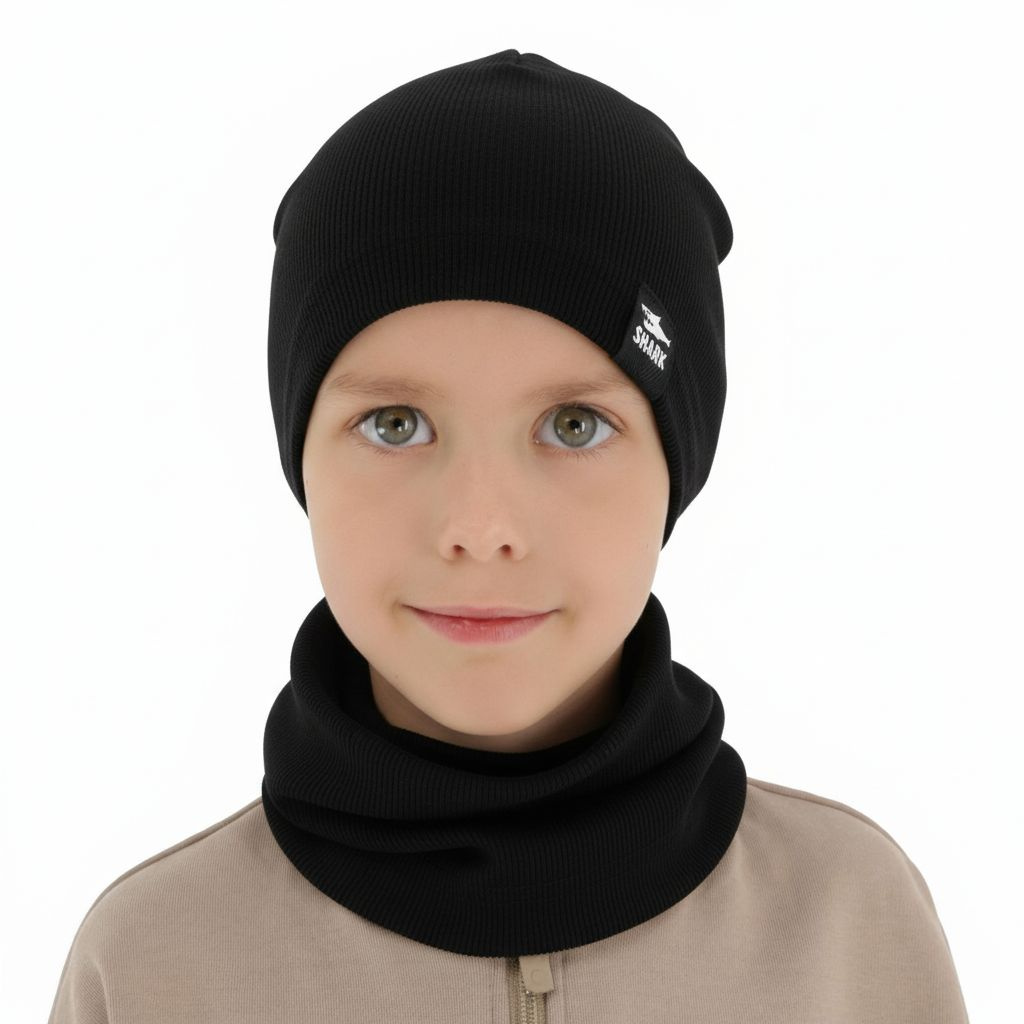 Herbst und Frühlingsset Jungen: Mütze und Schlauchschal, schwarz, Baumwolle, Rumel
