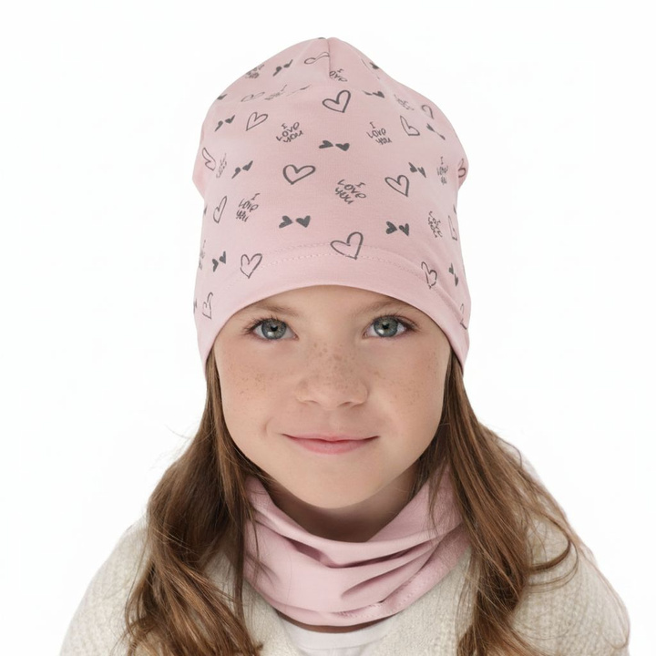 Herbst und Frühlingsset Mädchen baumwolle: Mütze und Schlauchschal Rosa Lovena