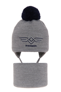 Winterset Jungen: Mütze und Schlauchschal mit Bommel Grau Wings