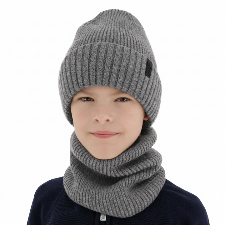 Mütze und Schlauchschal für Jungen, Winterset, 100% Merinowolle, mit Merinowolle gefüttert, grau Harbin