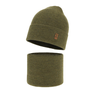 Herbst und Frühlingsset Jungen: Mütze und Schlauchschal 100% extrafeine Merinowolle Khaki Bruce