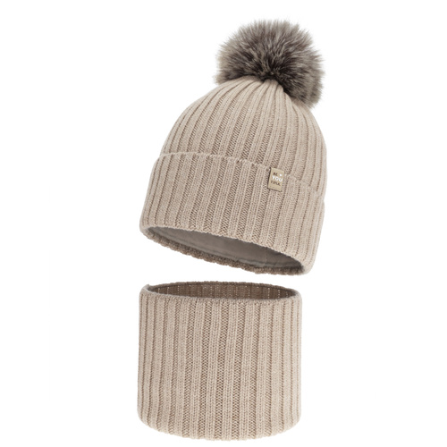 Winterset Mädchen: Mütze und Schlauchschal, beige, 100% Merinowolle, Baumwollfutter, mit Bommel, Terida