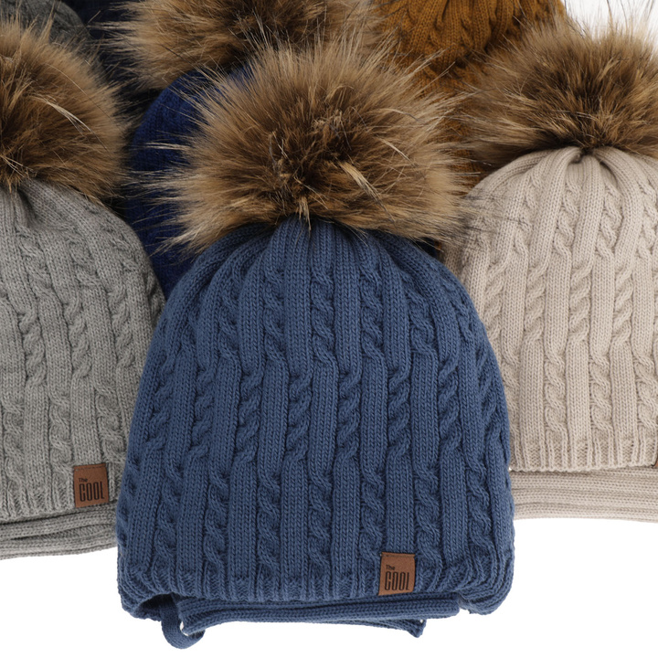 Winterset für Jungen: Mütze und Schlauchschal mit Bommel in Beige Indigo