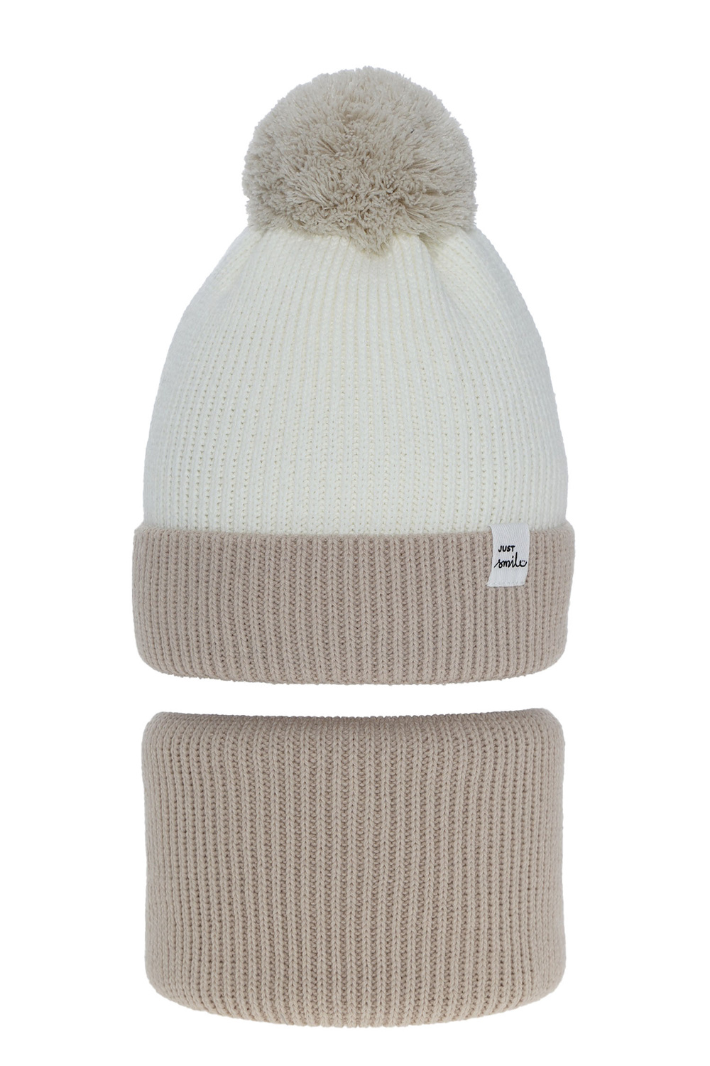 Winterset Mädchen: Mütze und Schlauchschal mit Bommel Beige Rosalin