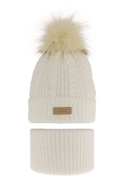 Winterset Mädchen: Mütze und Schlauchschal mit Bommel in Cremefarben Alika