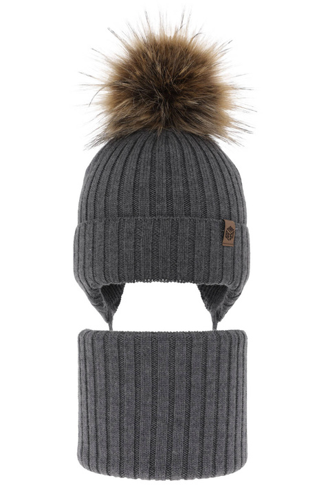 Winterset für Jungen: Mütze und Schlauchschal aus 100% extrafeiner Merinowolle in Grau Juno