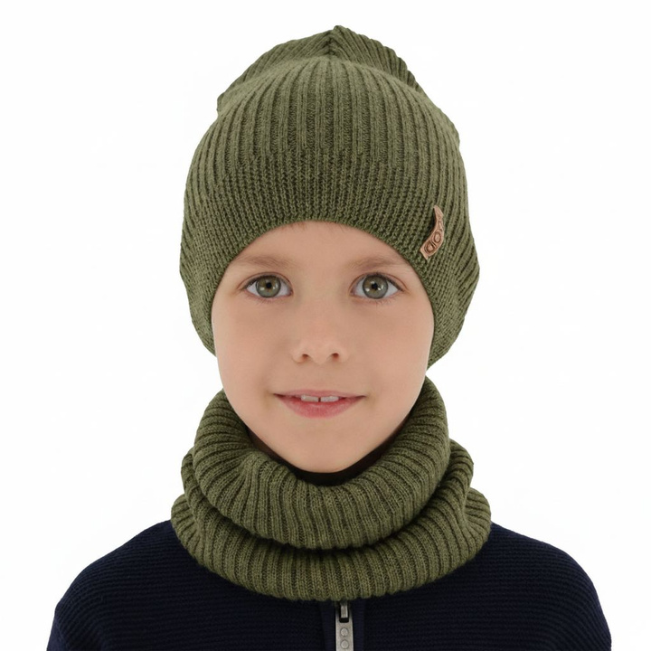 Herbst und Frühlingsset Jungen: Mütze und Schlauchschal 100% extrafeine Merinowolle Khaki Chester