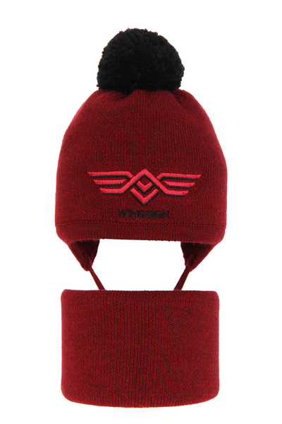 Winterset Jungen: Mütze und Schlauchschal mit Bommel Burgunder Wings