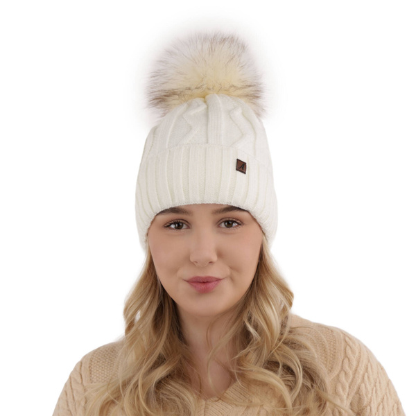 Wintermütze Damen mit Bommel Cremefarben Renika
