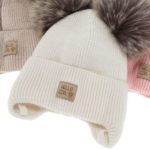 Wintermütze für Mädchen, cremefarbig, 100% Merinowolle, gefüttert mit Wollpolar, wiązana, Trudina