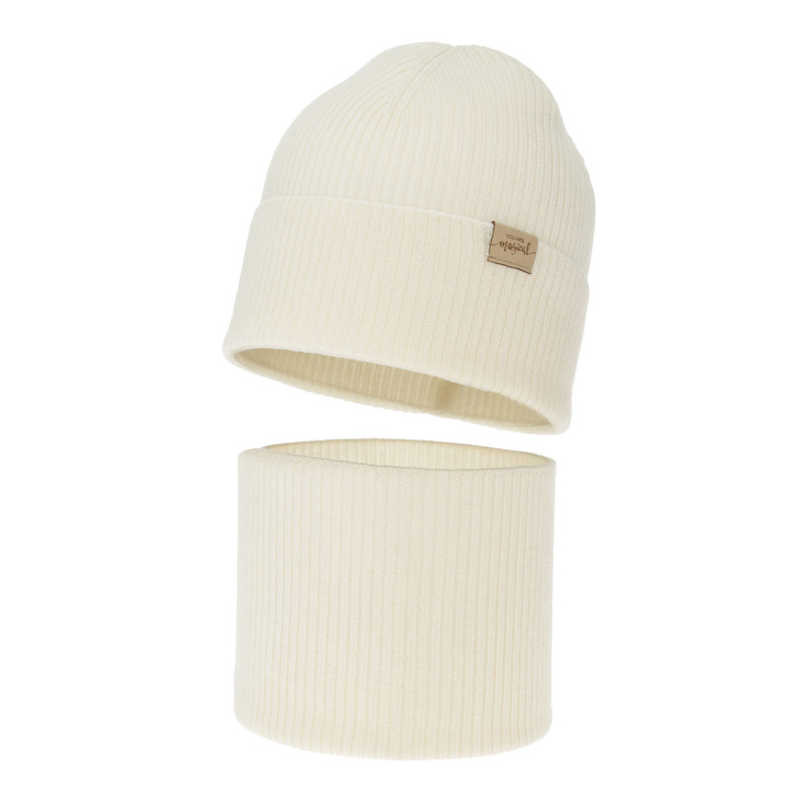 Herbst und Frühlingsset Mädchen: Mütze und Schlauchschal, cremeweiß, 100% Merinowolle, Magenta