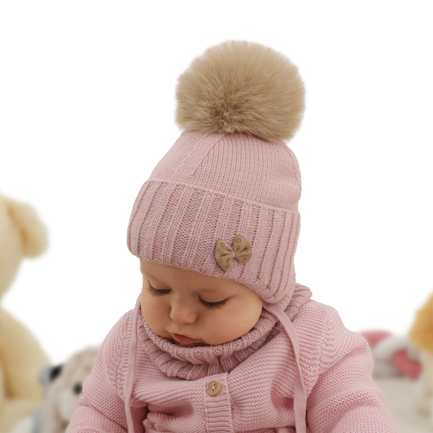 Winterset für Mädchen: Mütze und Schlauchschal mit Bommel in Beige Talena