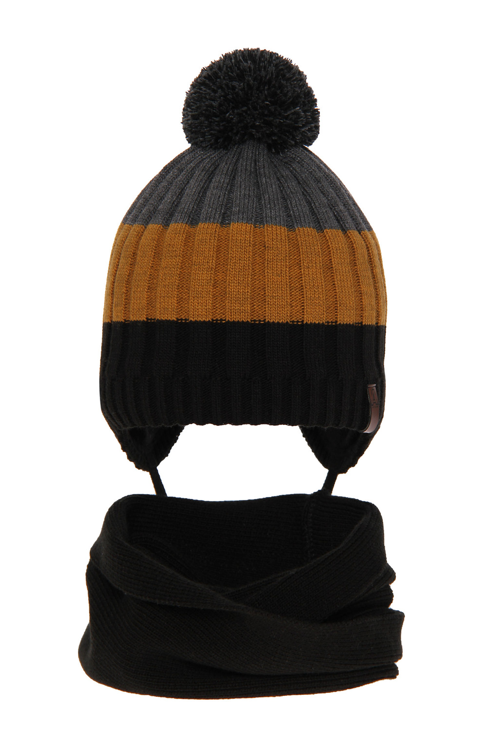 Winterset Jungen: Mütze und Schlauchschal mit Bommel Schwarz Hary