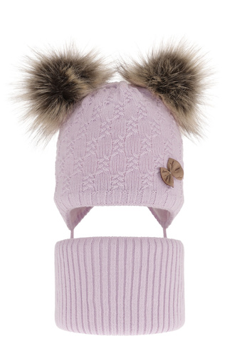 Winterset für Mädchen: Mütze und Schlauchschal mit zwei Bommeln in Violett Bettina