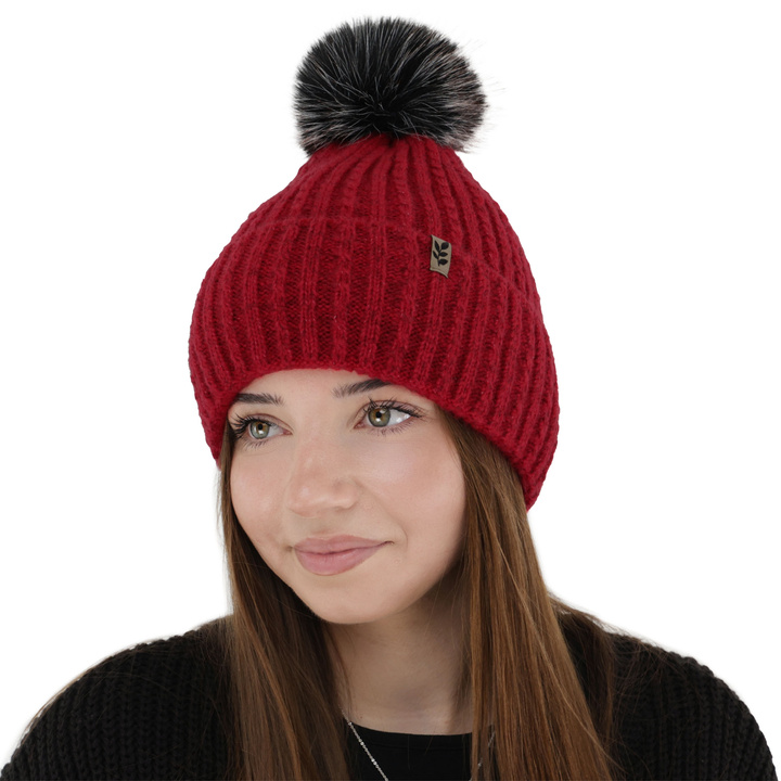 Wintermütze Damen, rot, mit Bommel, Calista