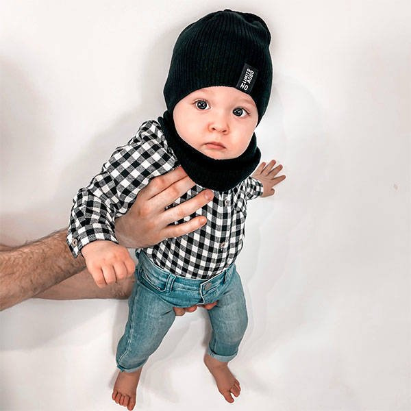 Herbst/ Frühjahrsset für Kinder: Mütze und Schlauchschal, mit Baumwolle, Schwarz Tunis