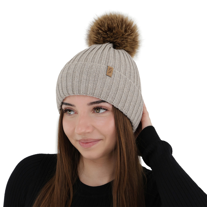 Wintermütze Damen, hellbeige, mit Merinowolle, Zamira