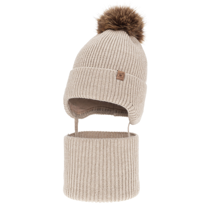 Winterset für Jungen: Mütze und Schlauchschal mit Bommel in Beige Zico