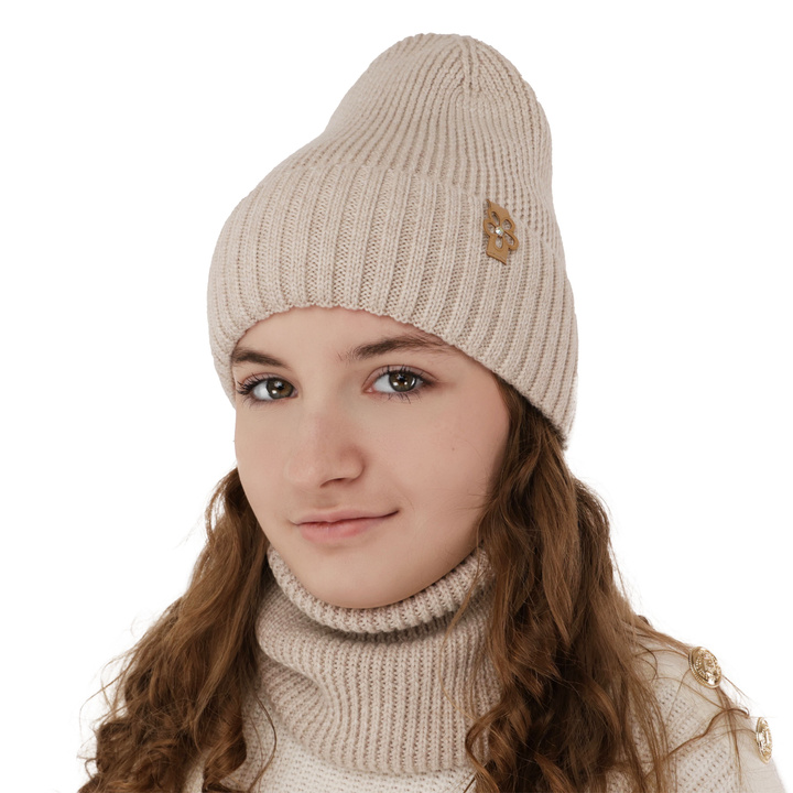 Winterset Mädchen: Mütze und Schlauchschal 100% extrafeine Merinowolle Beige Nelita