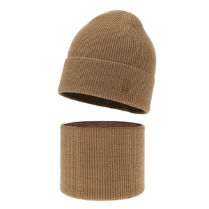 Herbst und Frühlingsset Jungen: Mütze und Schlauchschal 100% extrafeine Merinowolle Camel Bruce