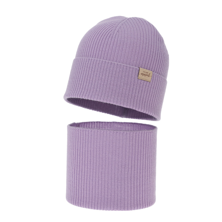 Herbst und Frühlingsset Mädchen: Mütze und Schlauchschal, violett, 100% Merinowolle, Magenta