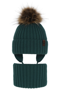 Winterset Jungen: Mütze und Schlauchschal mit Bommel Grün Puzel