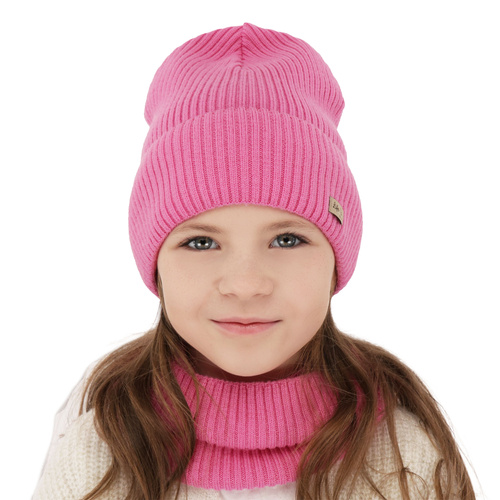 Herbst und Frühlingsset Mädchen: Mütze und Schlauchschal 100% extrafeine Merinowolle Rosa Itra
