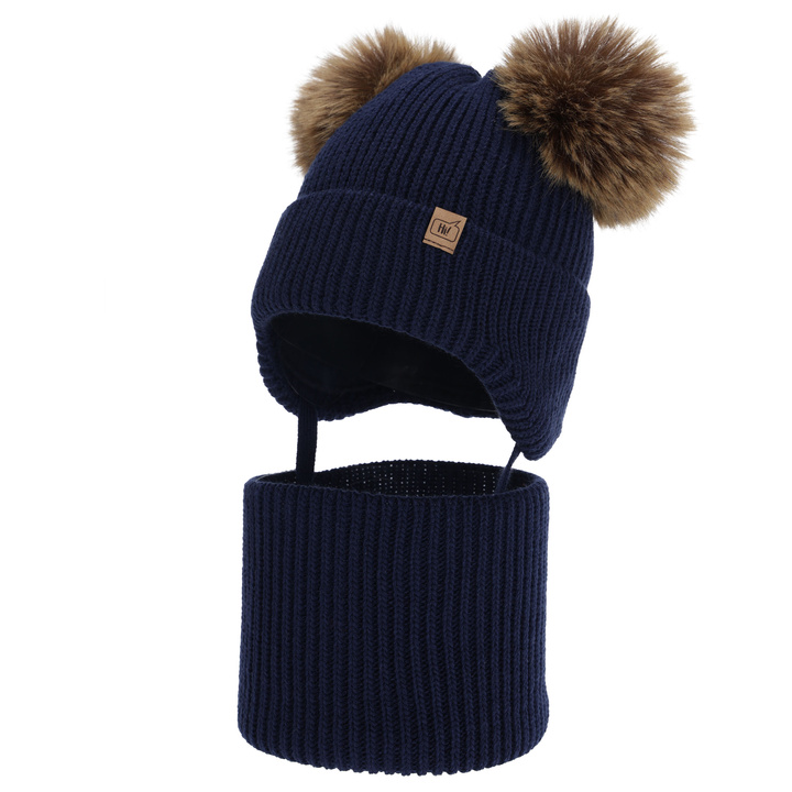Winterset Jungen: Mütze und Schlauchschal, Winter, marineblau, mit zwei Bommeln, Zorven