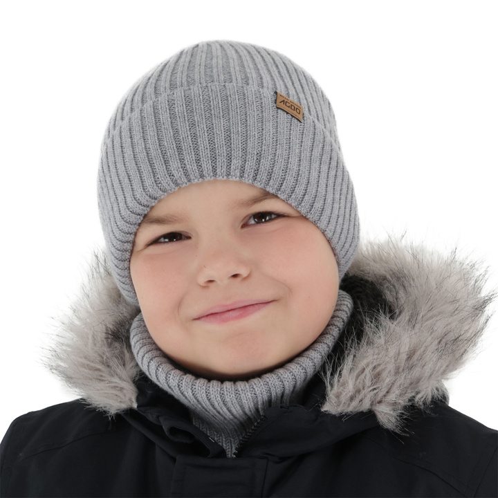 Winterset Jungen: Mütze und Schlauchschal, Winter, 100% Merinowolle, mit Merinowolle gefüttert, braun, Domin