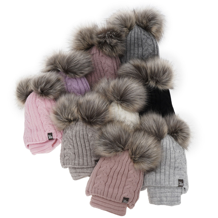 Winterset Mädchen: Mütze und Schlauchschal mit zwei Bommeln Beige Marlen