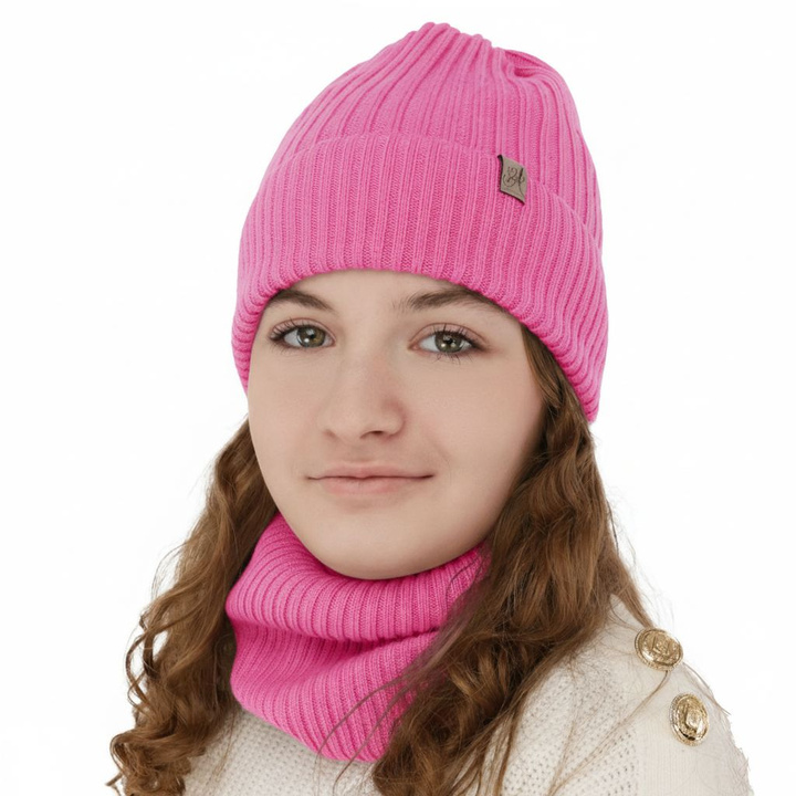 Winterset Mädchen: Mütze und Schlauchschal aus 100% Merinowolle, Rosa, Patricia