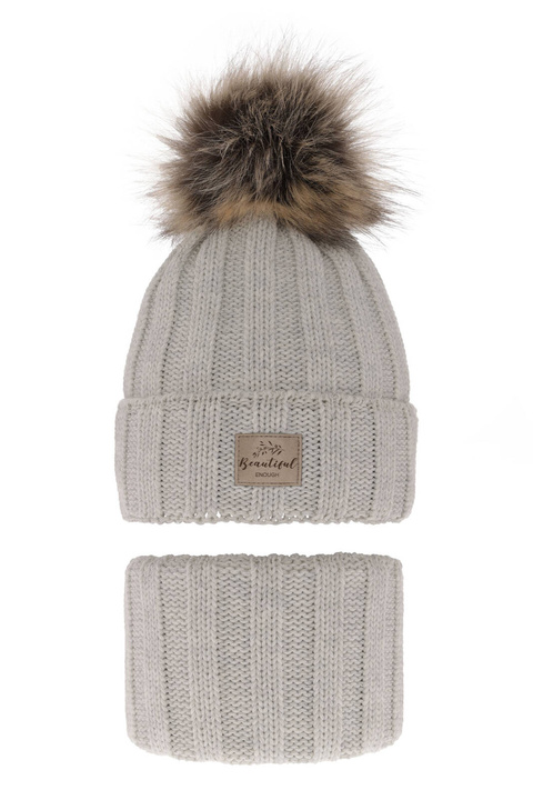 Winterset Mädchen: Mütze und Schlauchschal mit Bommel Grau Kaliope