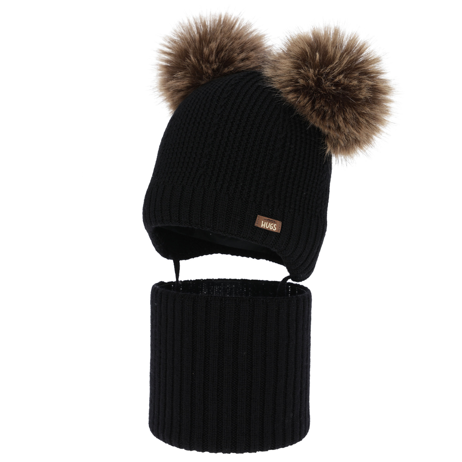 Jungen Mütze und Schal, Winter Set, schwarz, 100% Merinowolle, gefüttert mit Wollfleece, Lumio