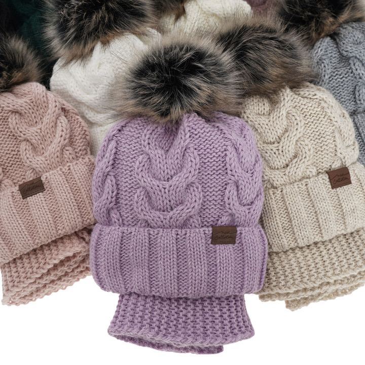 Winterset Mädchen: Mütze und Schlauchschal mit Bommel Violett Torina