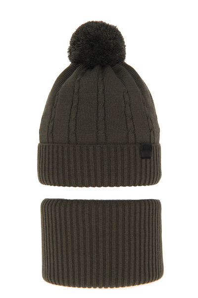 Winterset Jungen: Mütze und Schlauchschal mit Bommel Khaki Deny