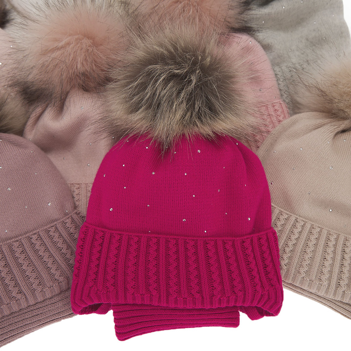 Winterset für Mädchen: Mütze und Schlauchschal mit Bommel in Beige Renia