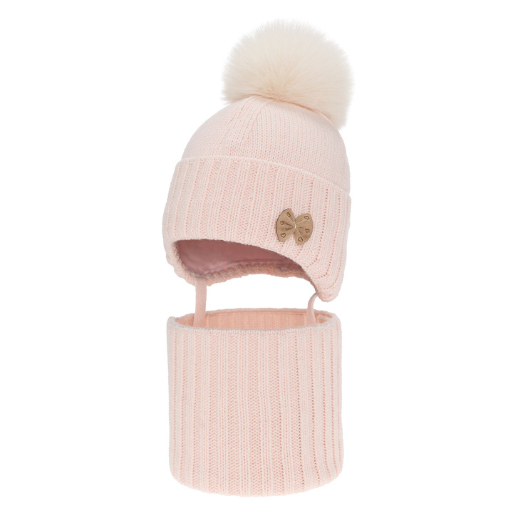 Winterset für Mädchen: Mütze und Schlauchschal mit Bommel in Rosa Talena